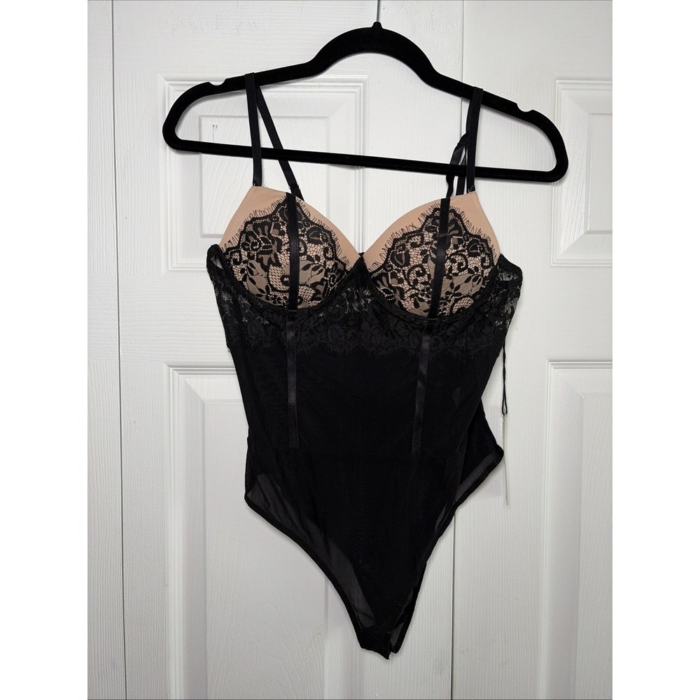 Haute Monde Lace Mesh Bodysuit Womens Size S Black Tan Bustier Y2K Sexy Chic NEW